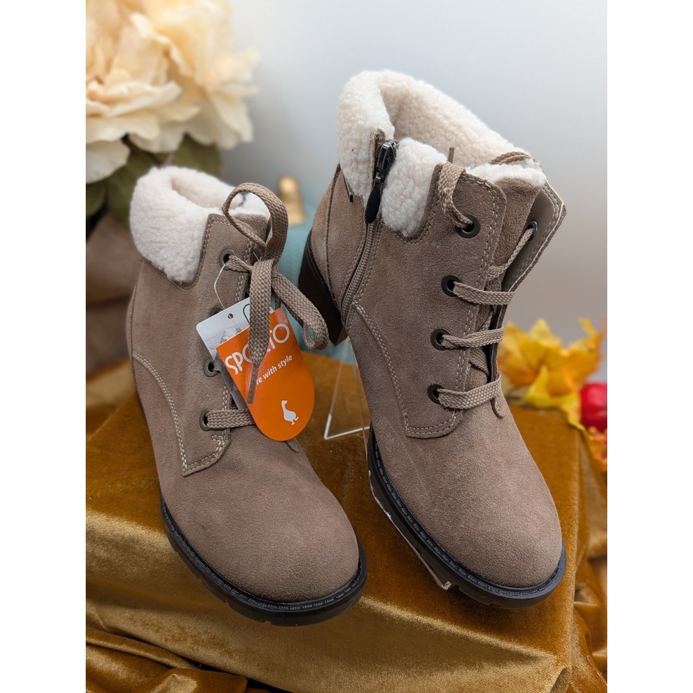 NWT Sporto Kelly Taupe Suede Waterproof Ankle Boots Faux Fur Cozy Cabincore 8.5M